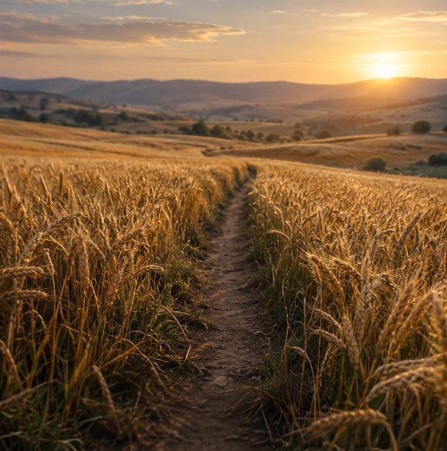 A path through golden wheat at sunrise