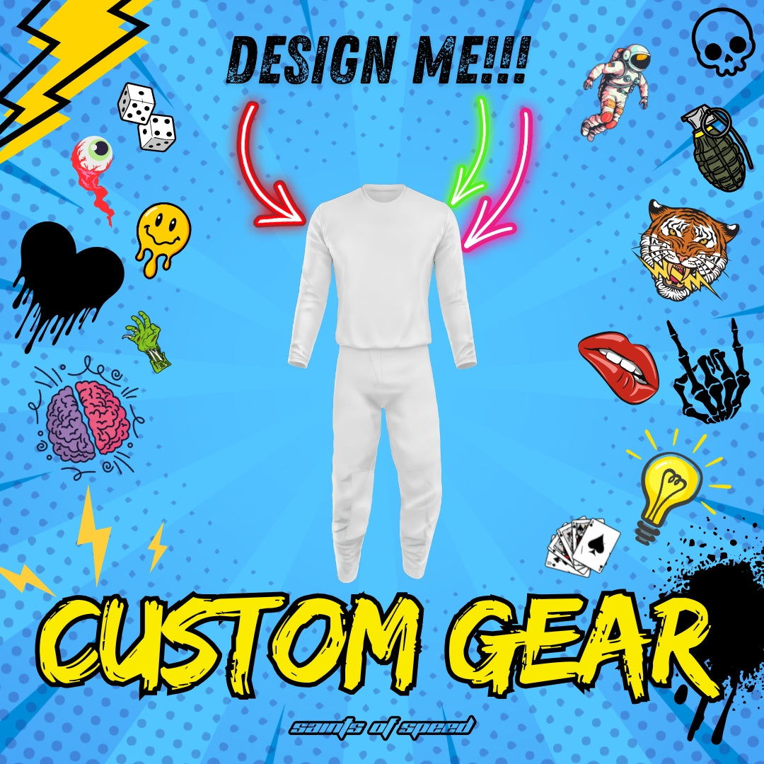 Design Me — Saints of Speed Custom Gear, with a blank white jersey and pants on a blue comic background.