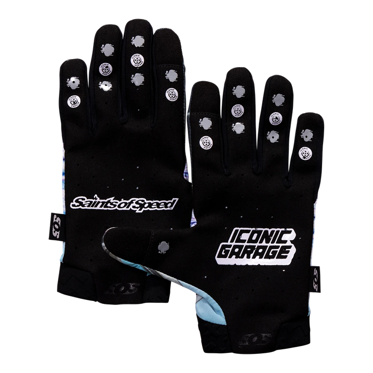 Collaboration black MX gloves featuring Saints of Speed and Iconic Garage logos with stylish grip-enhancing silver accents.