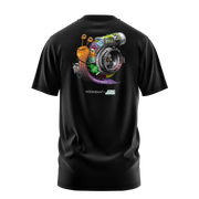 Turbo motocross tee shirt in black featuring a large colorful turbo snail graphic on the back with branding details.