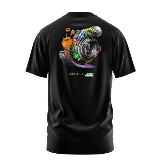 Turbo motocross tee shirt in black featuring a large colorful turbo snail graphic on the back with branding details.