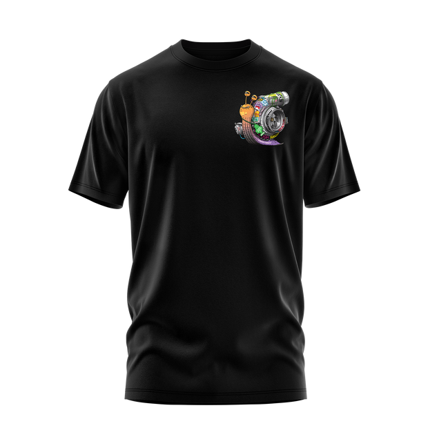 Turbo MX T-shirt in black featuring a colorful turbo snail graphic on the chest for a bold motocross style.