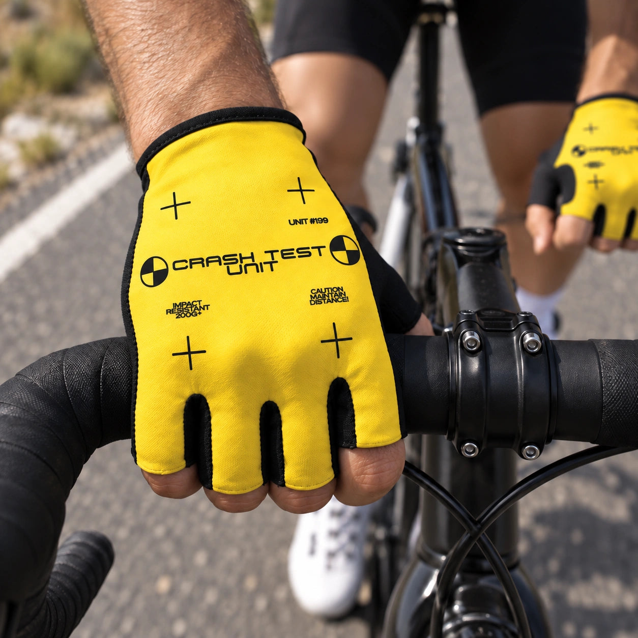Crash Test Unit cycling glove on handlebars