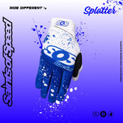 Youth motocross gloves featuring a bold blue and white splatter design with "SOS Racing" branding, ideal for style and performance.