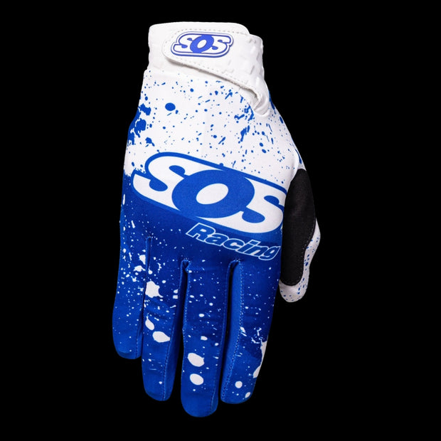 Youth BMX gloves featuring a vibrant blue and white splatter design with bold "SOS Racing" branding for style and grip.